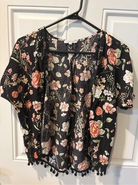 Floral Open-Front Kimono Cardigan - Black with Pink Floral